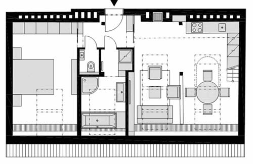 Pianta del primo piano di una ristrutturazione di un piccolo loft a Praga