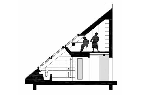 Sezione del primo e secondo piano di una ristrutturazione di un piccolo loft a Praga