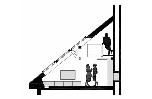 Sezione del primo e secondo piano di una ristrutturazione di un piccolo loft a Praga