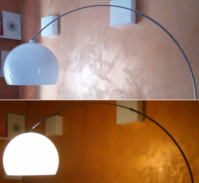 Detail of the lampshade, switched on and off, of the Fjella arc lamp